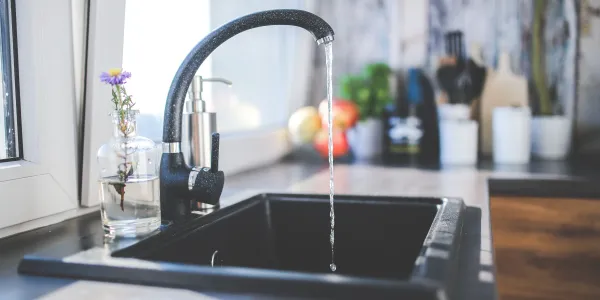 black kitchen faucet with running water. No sign of ants in this kitchen thanks to the exterminators at A-action Pest Control